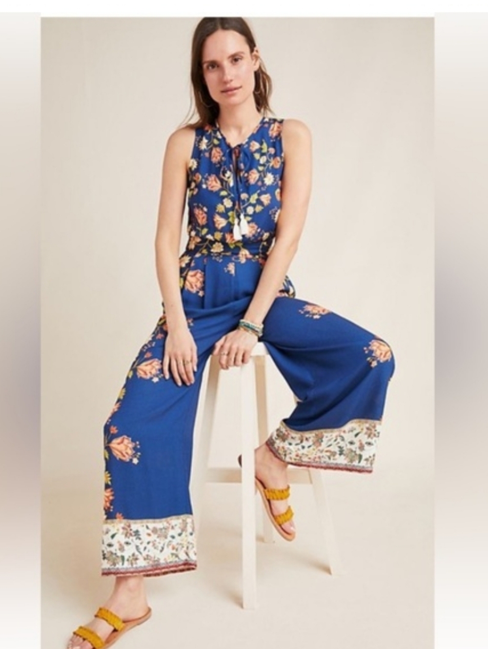 FARM Rio Royal Blue Floral Wide-Leg Pants with Printed Hem
